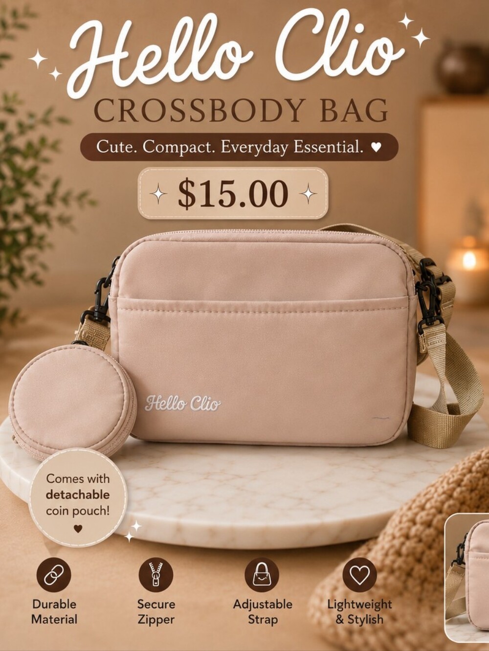 Clio Beige Compact Crossbody Bag with Detachable Strap